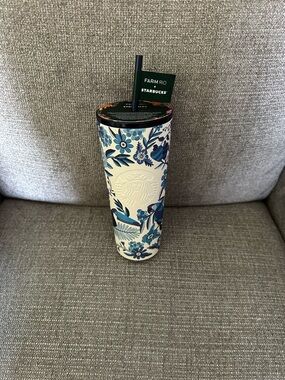 Starbucks Floral Blue & White Stainless Tumbler with Straw Farm Rio 24oz